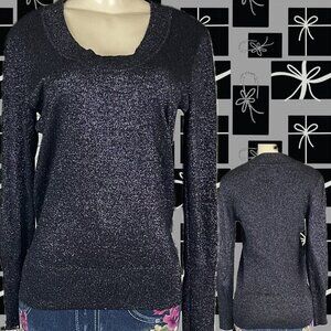 Attention L Black Metallic Silver Scoop Neck Ribbed Trim Long Sleeve Sweater